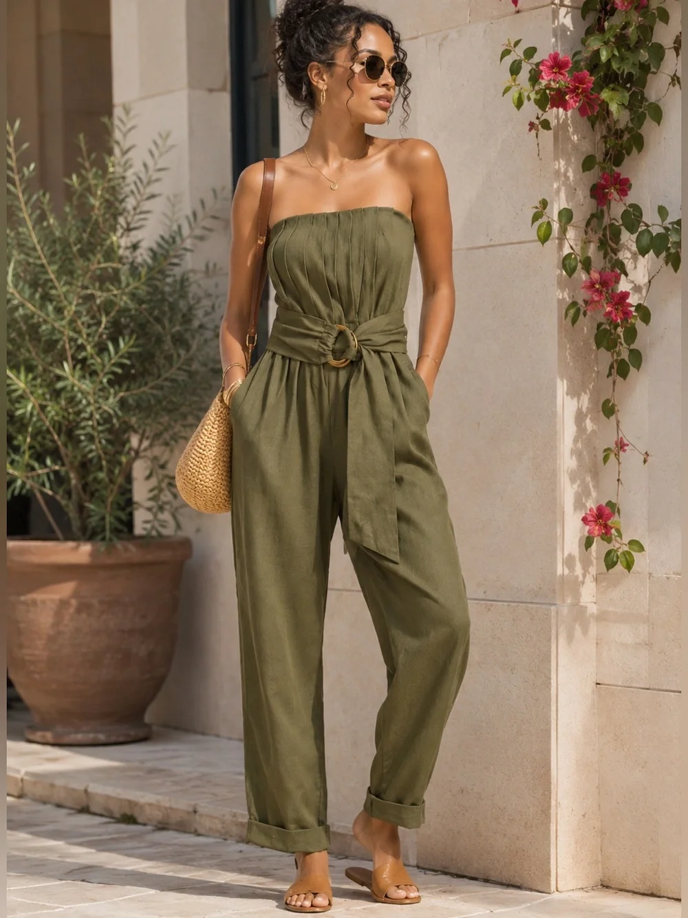 NWT Zara Olive Green Linen Blend Strapless Jumpsuit Belted Cuffed Hem Small